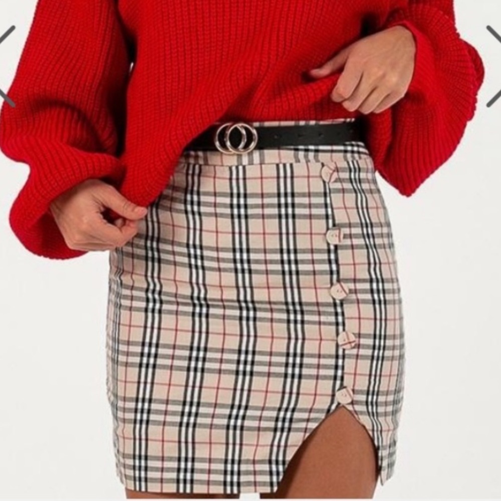 Plaid Mini Skirt with Side Slit - Beige Plaid - Picture 2 of 6
